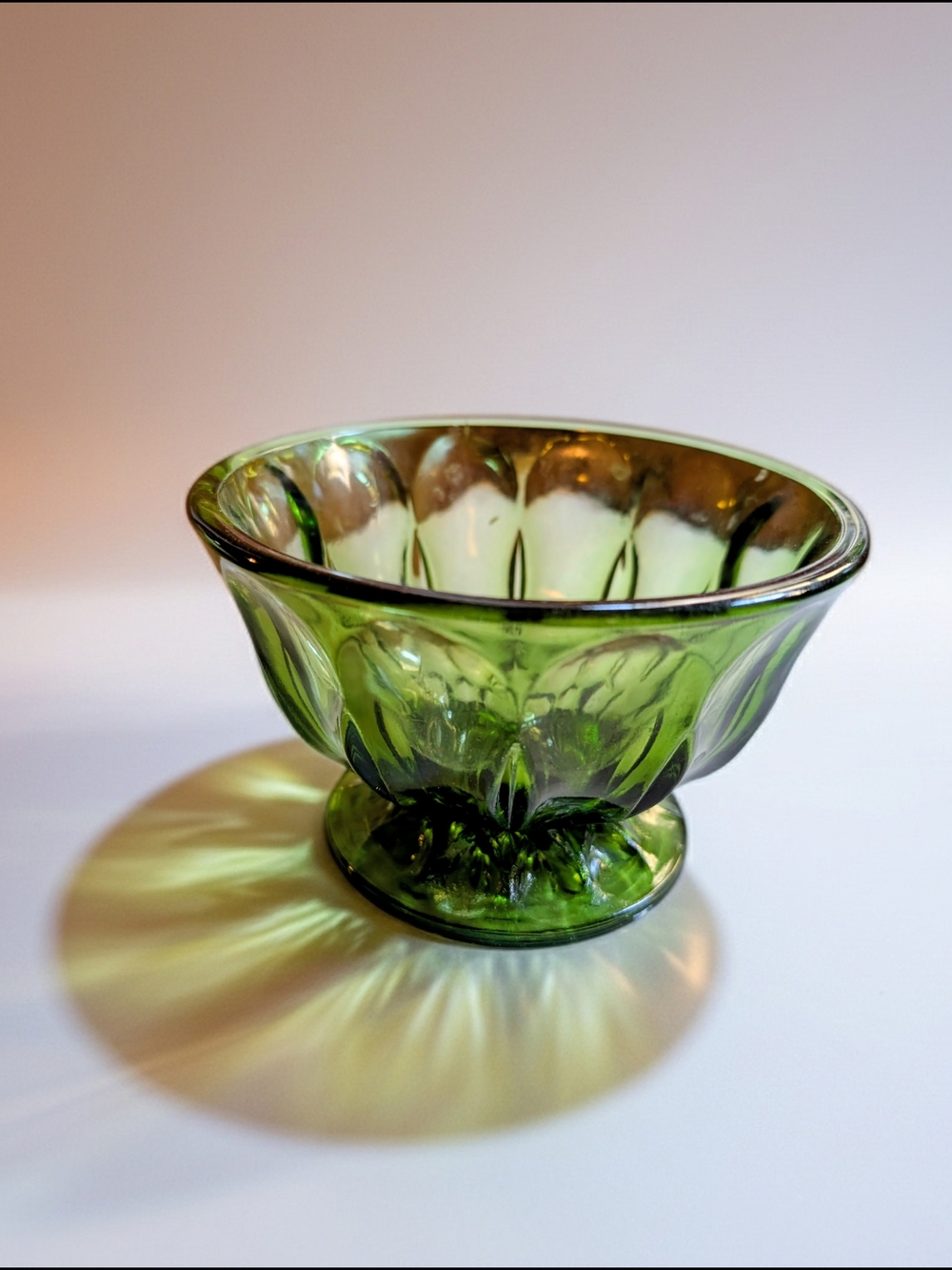 Vintage Avocado Green Glass Footed Dessert Bowl - Starburst Base